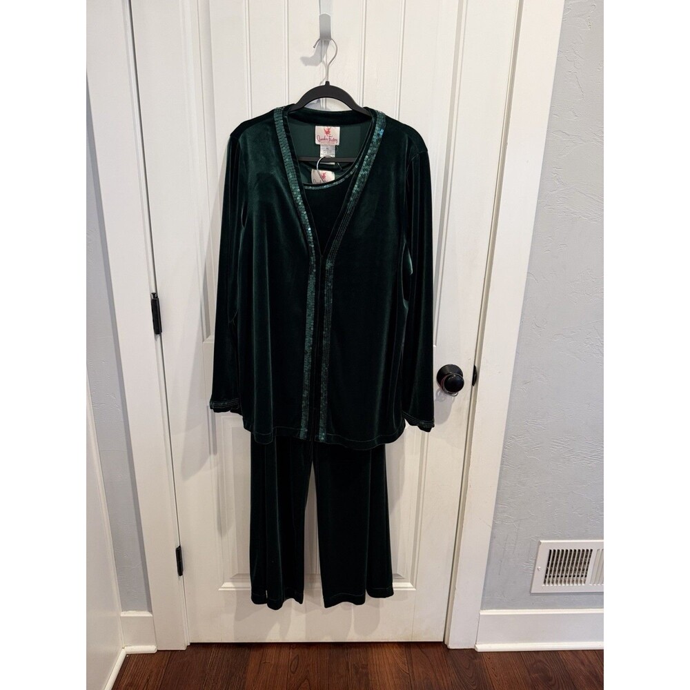Quacker Factory XL Emerald Green Velvet 3 Piece Pant Set Sequin Jacket Tank